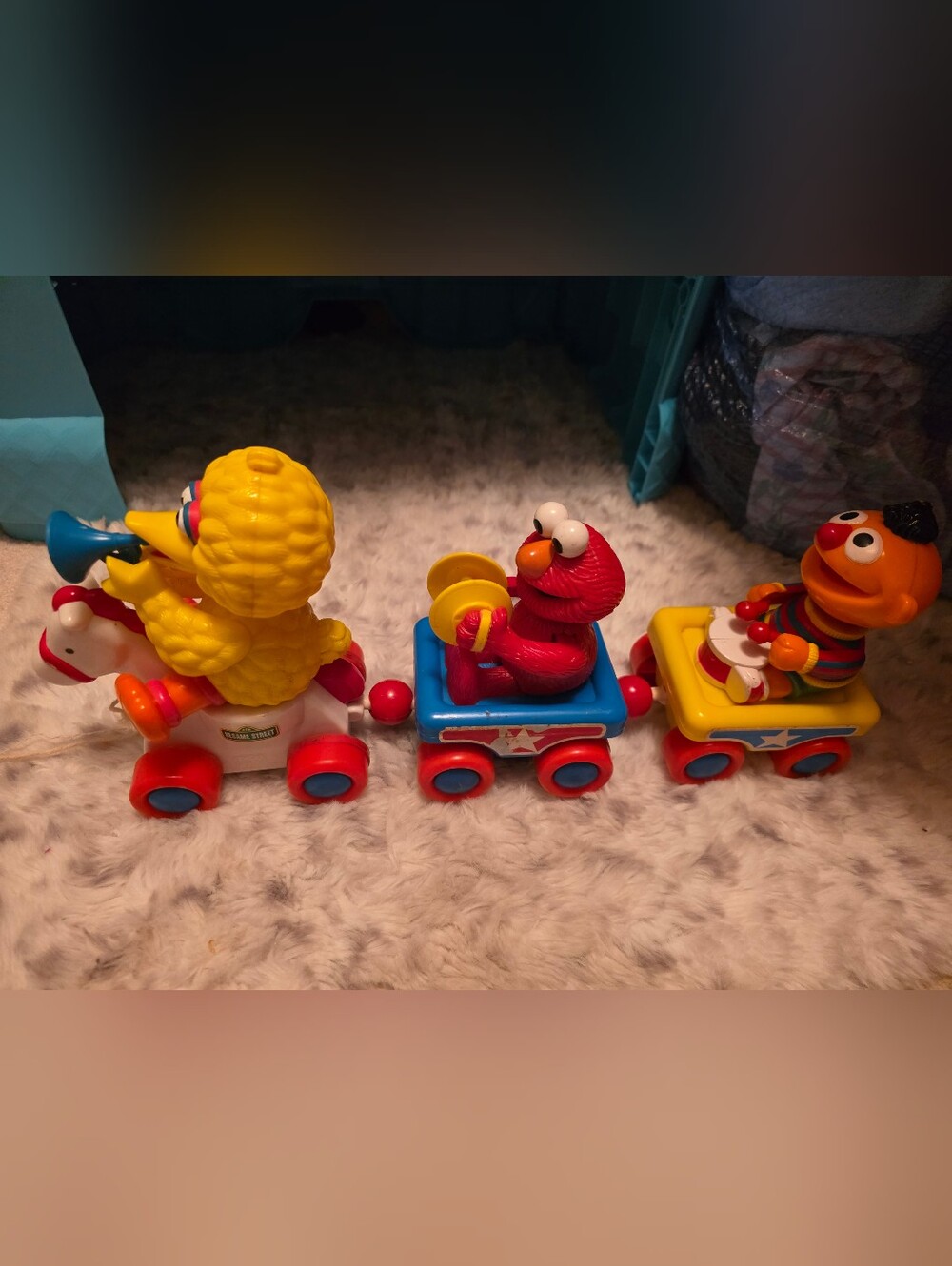 Vintage Sesame Street Yellow, Red & Blue Train Pull-Along  Big Bird,Elmo & Ernie